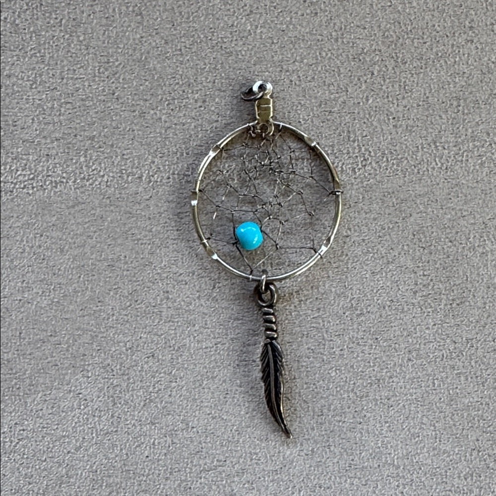 Dream Catcher Pendant Turquoise & Feather Charm Native American / silver tone